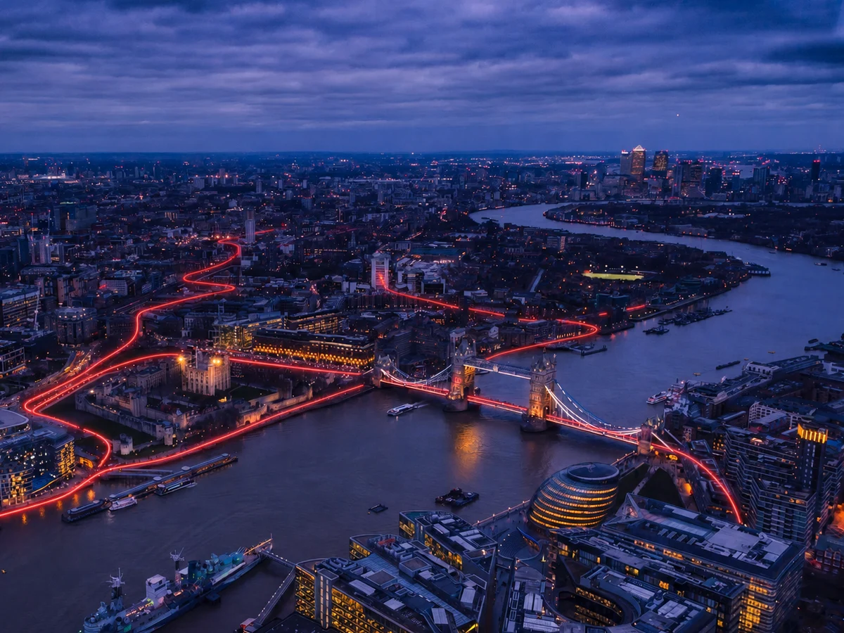 Ecenica hosting services represented by a connected red route across London