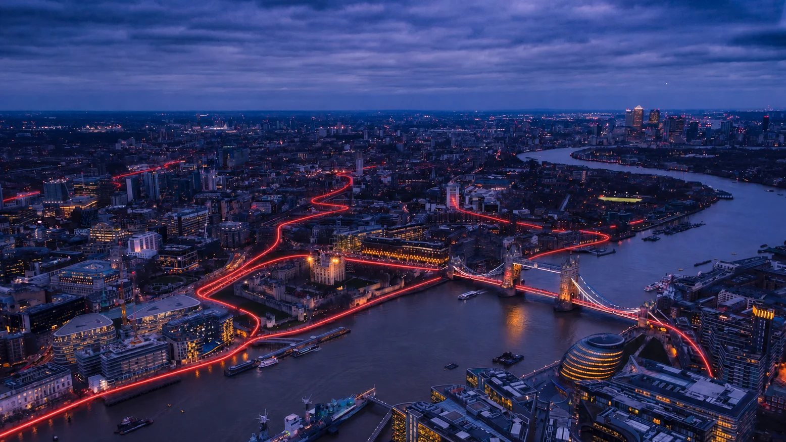 Ecenica services represented by a connected red route across London at blue hour