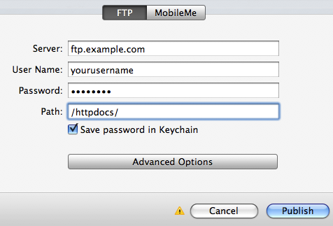 Enter FTP settings in RapidWeaver