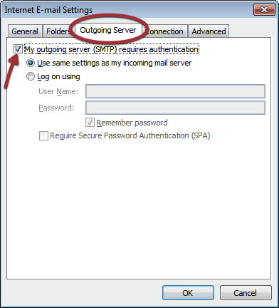 Outgoing Server Authentication Outlook 2007