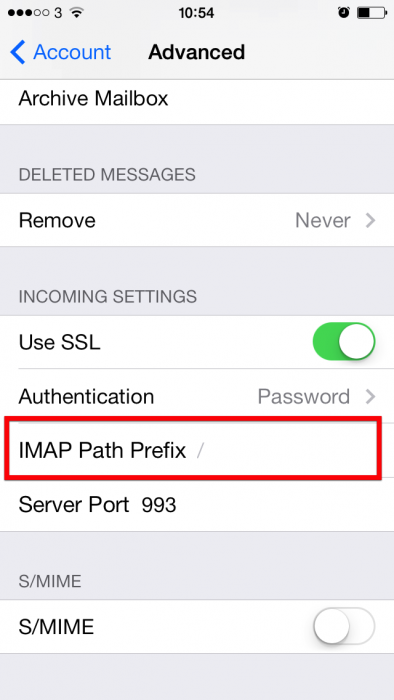 IOS IMAP Path Prefix setting