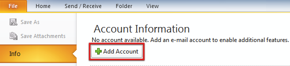 Add new e-mail account button in Outlook 2010