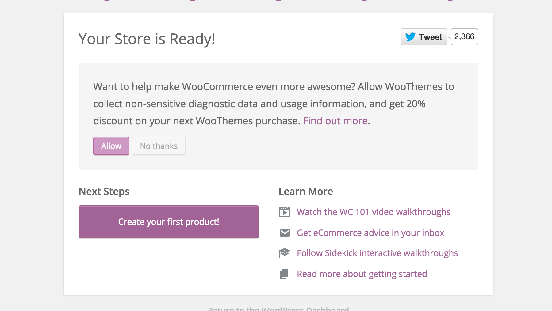 How-to Install WooCommerce 7 WooCommerce install complete screen