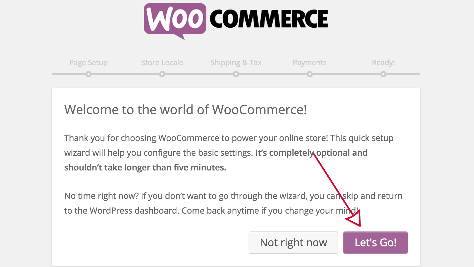 How-to Install WooCommerce 6 Step one of the WooCommerce Setup Wizard