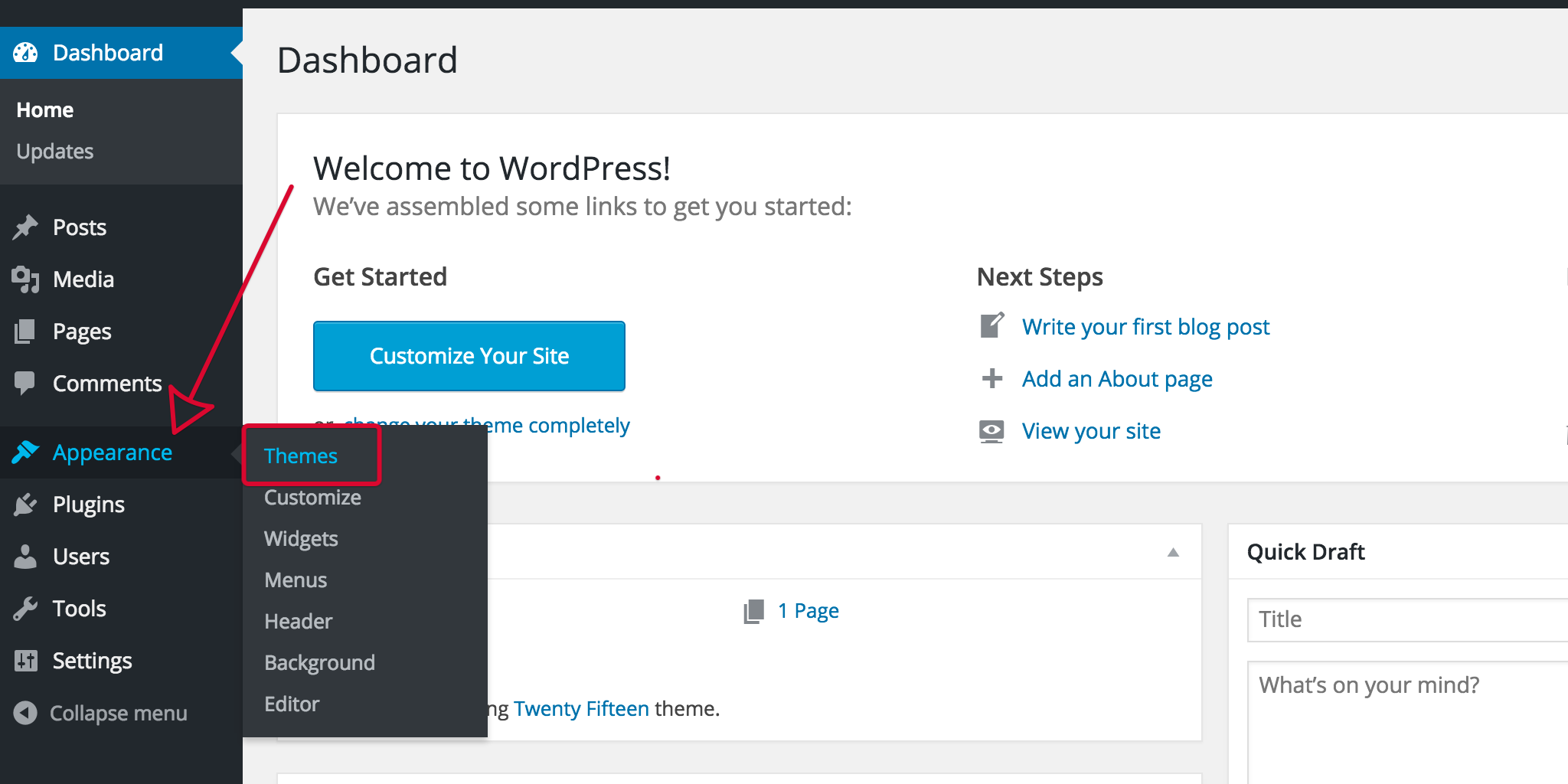 How-to install a WordPress theme - Theme menu