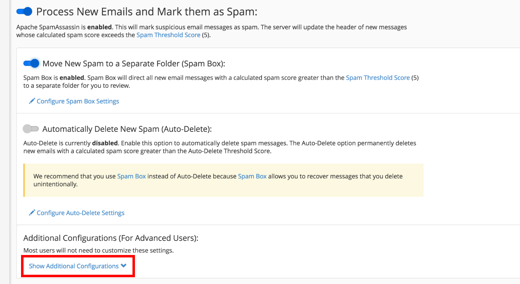 cpanel spam filters additional configurations