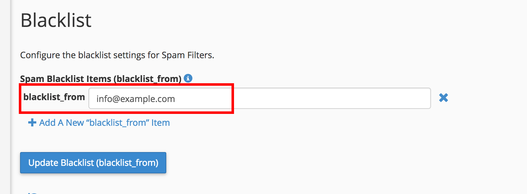 cpanel spam filters enter email address blacklist from