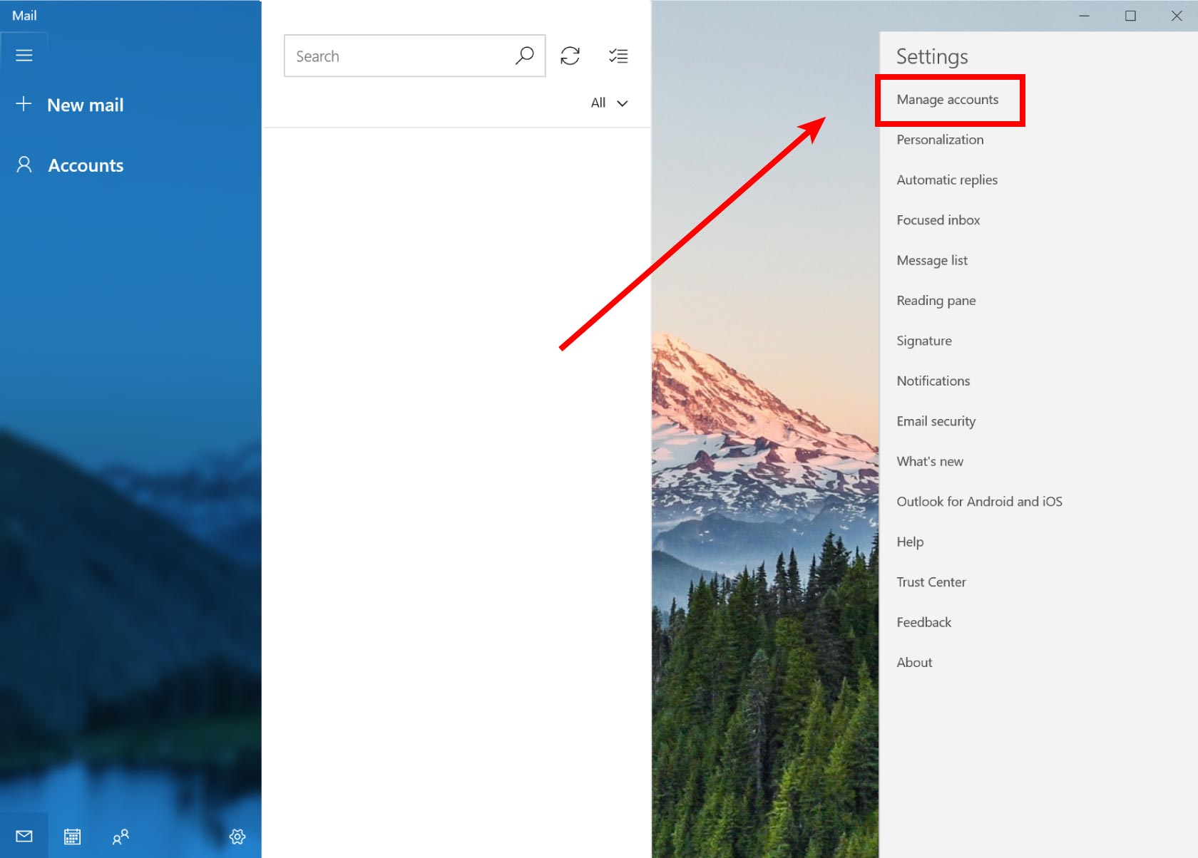 How-to setup Windows 11 and Windows 10 Mail App 5 Manage accounts button in Windows 11 and Windows 10 Mail app