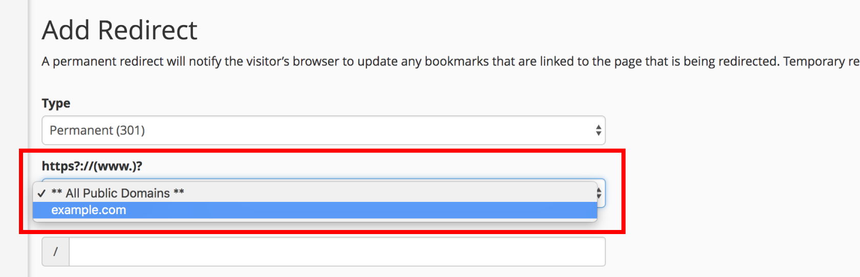Select your domain from the redirects drop down list.