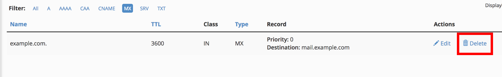 Change MX Records in cPanel 11 Delete MX record button