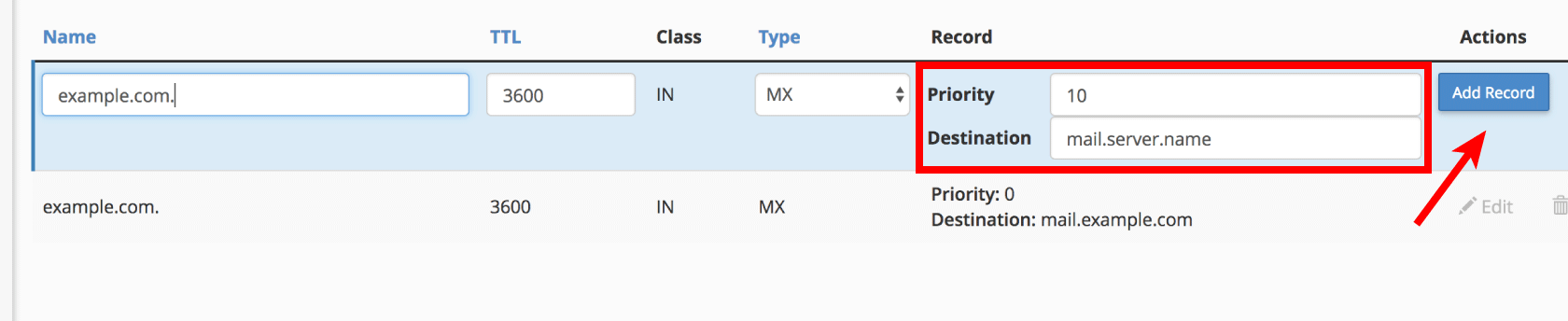 Change MX Records in cPanel 9 Enter MX Record details