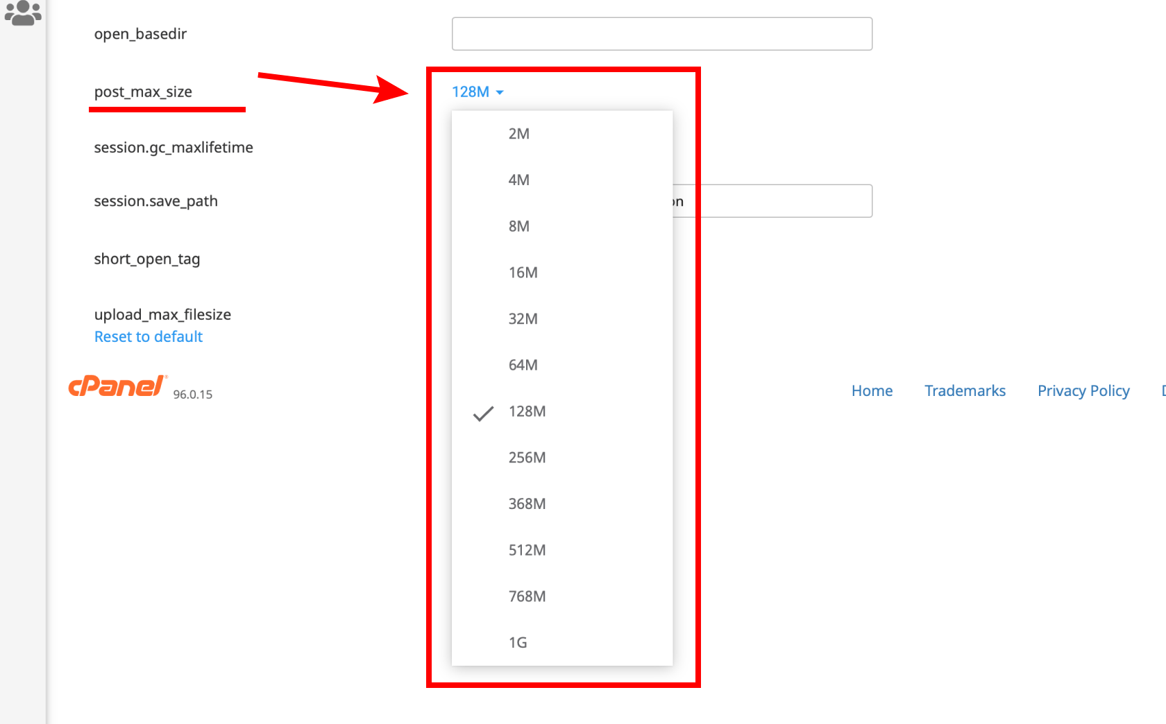 Change PHP post_max_size