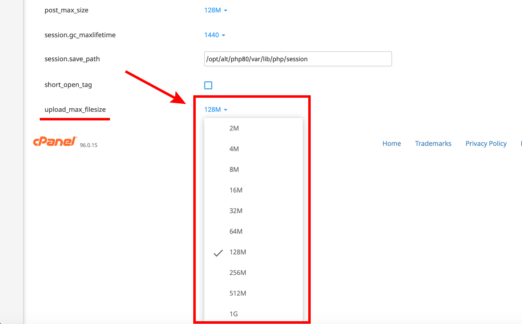 Change PHP upload max filesize setting