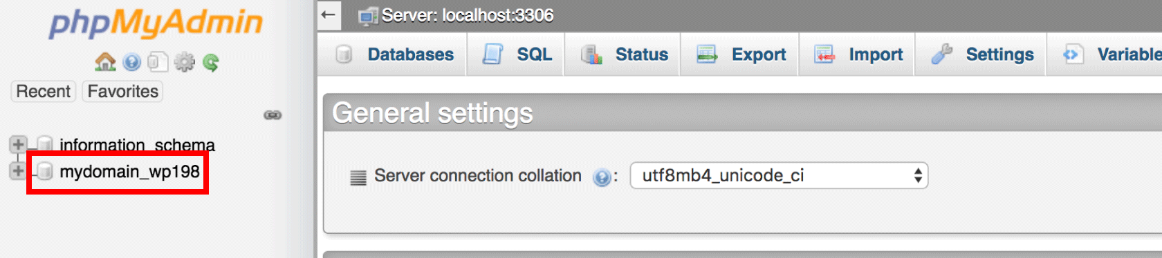 phpMyAdmin select WordPress database