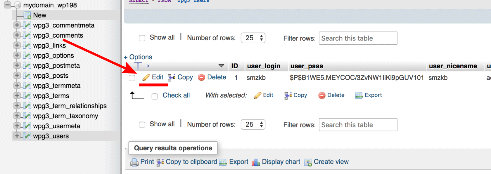 phpMyAdmin Edit WordPress Admin User