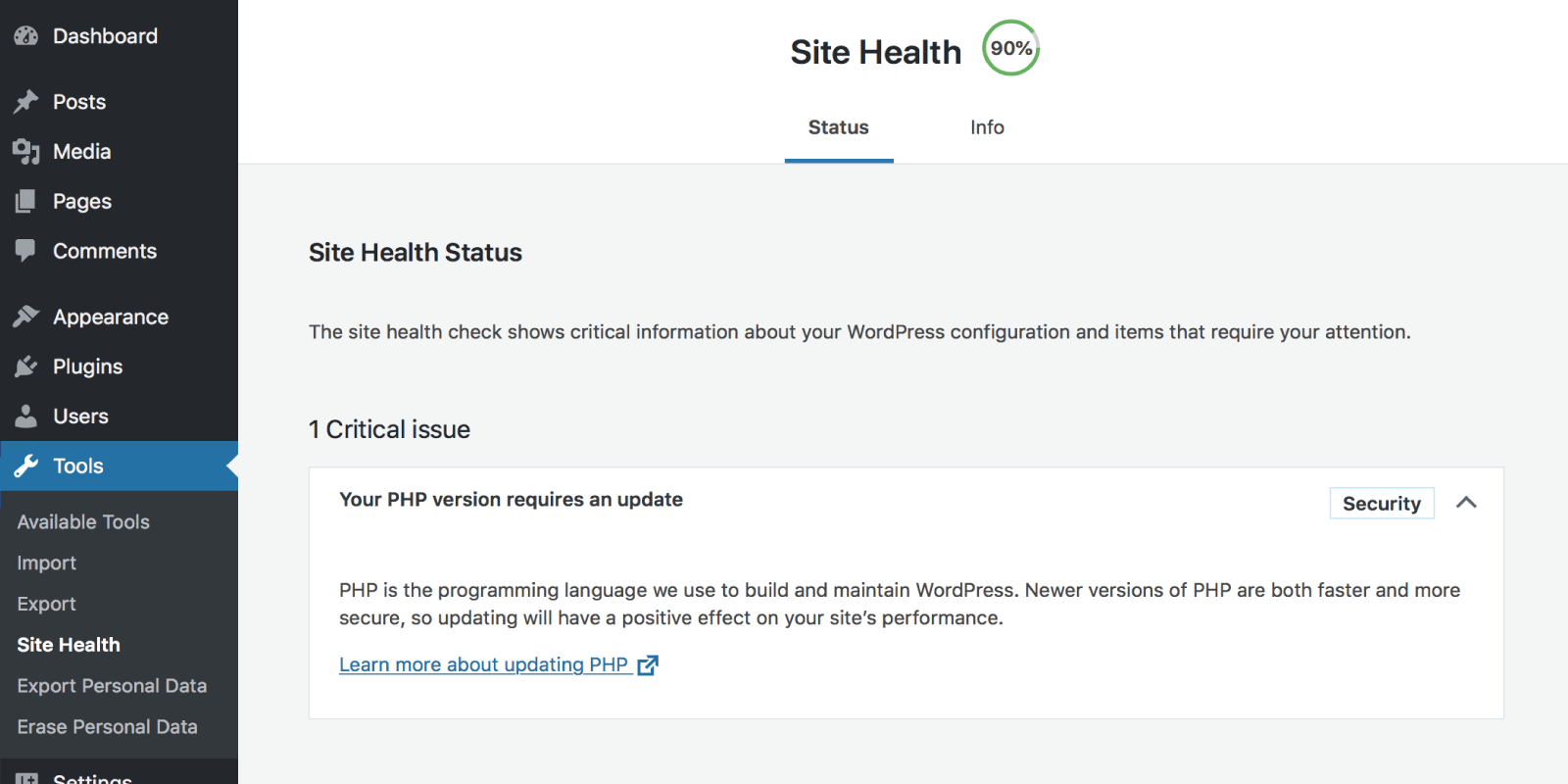 WordPress Site Health PHP Warning