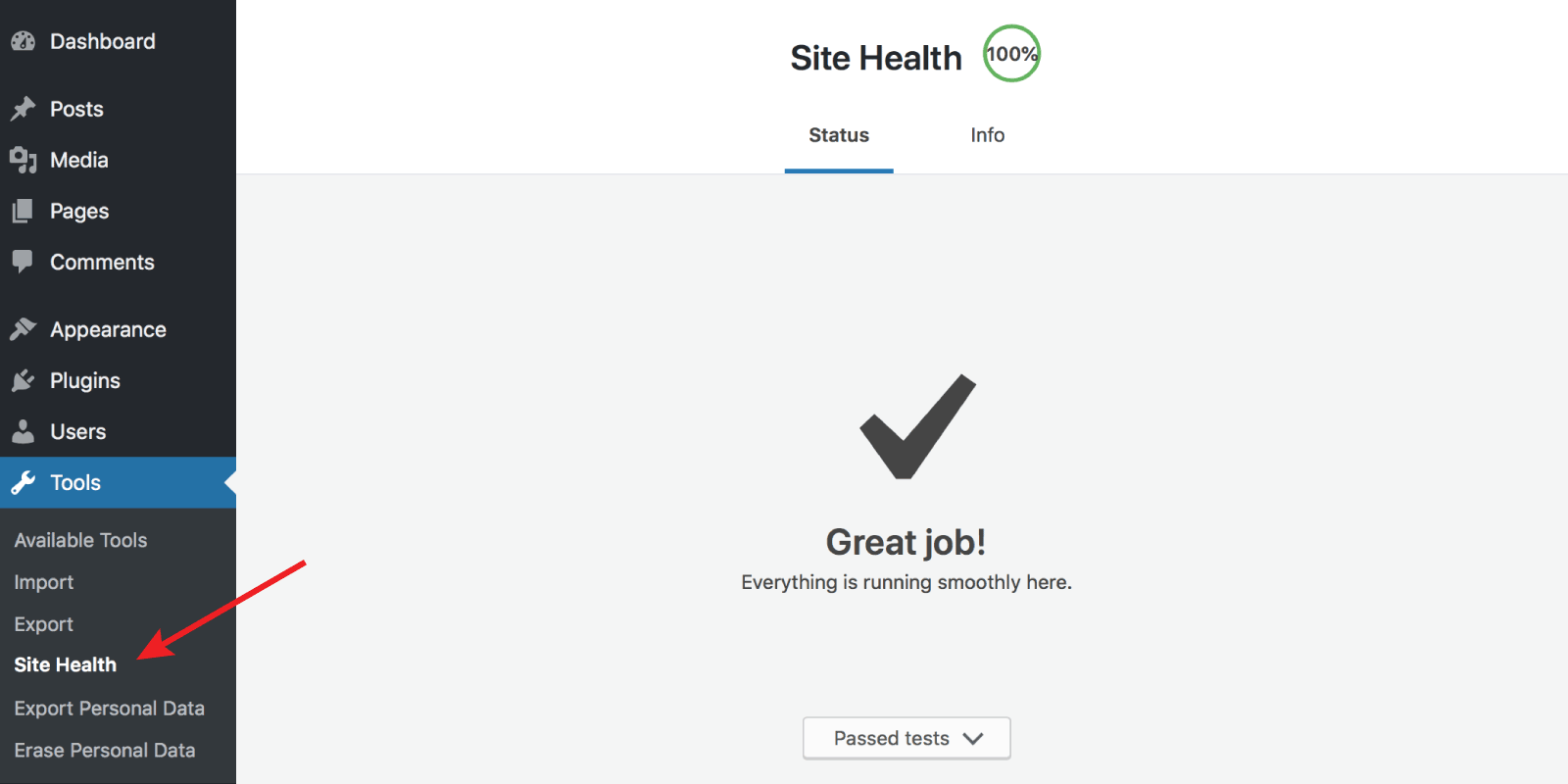 Site Health tool in WordPress 100%