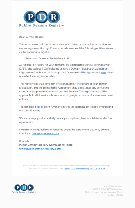 'Important information regarding your registered domain names' email 4 pdr domain icann terms email