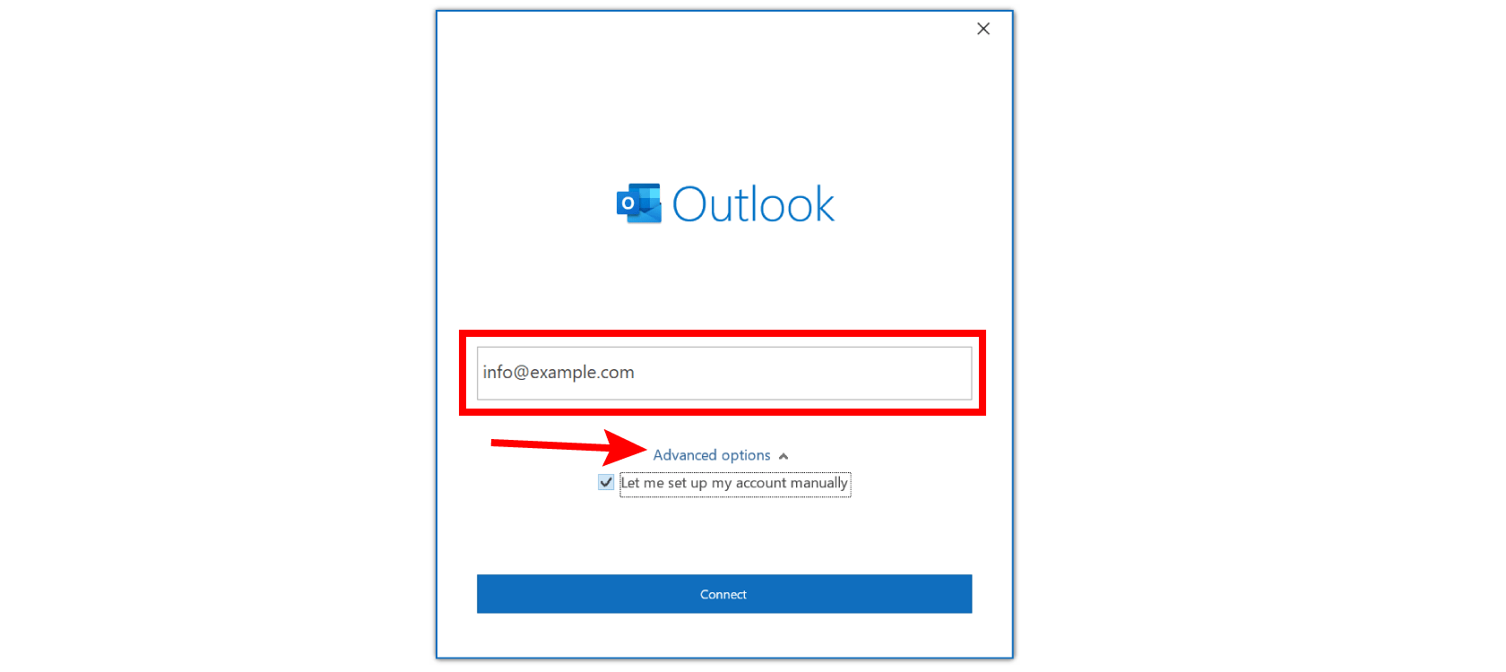 Outlook advanced options setup email manually