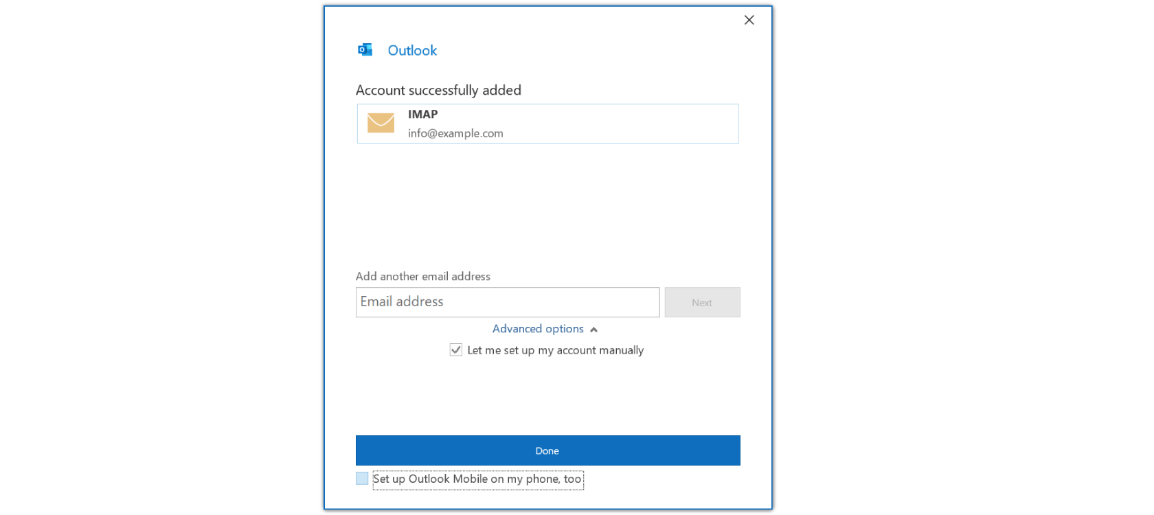 Outlook IMAP email setup complete