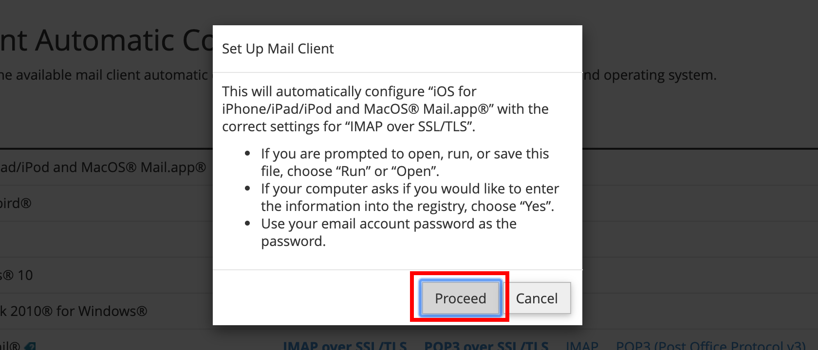 Auto configure your email address in Apple Mail on Mac 7 cpanel configure mail client macos proceed