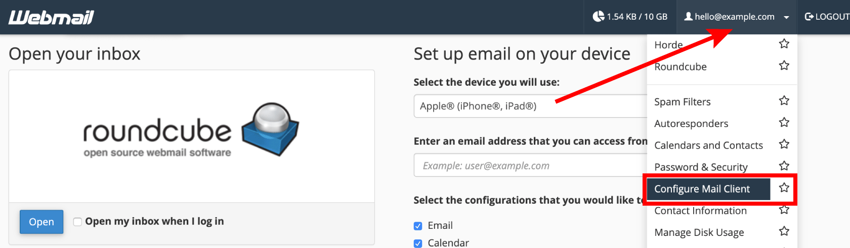 Auto configure your email address in Apple Mail on Mac 5 cpanel webmail configure mail client menu