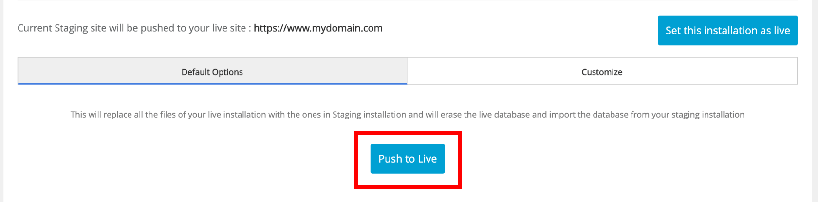 app installer staging click push live wordpress