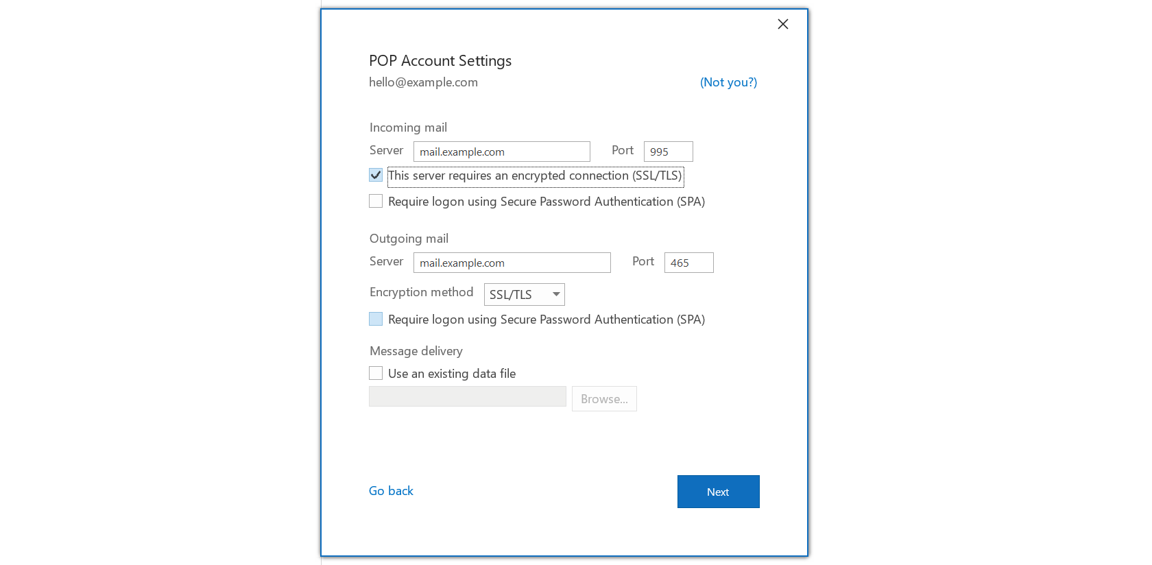 outlook pop account settings