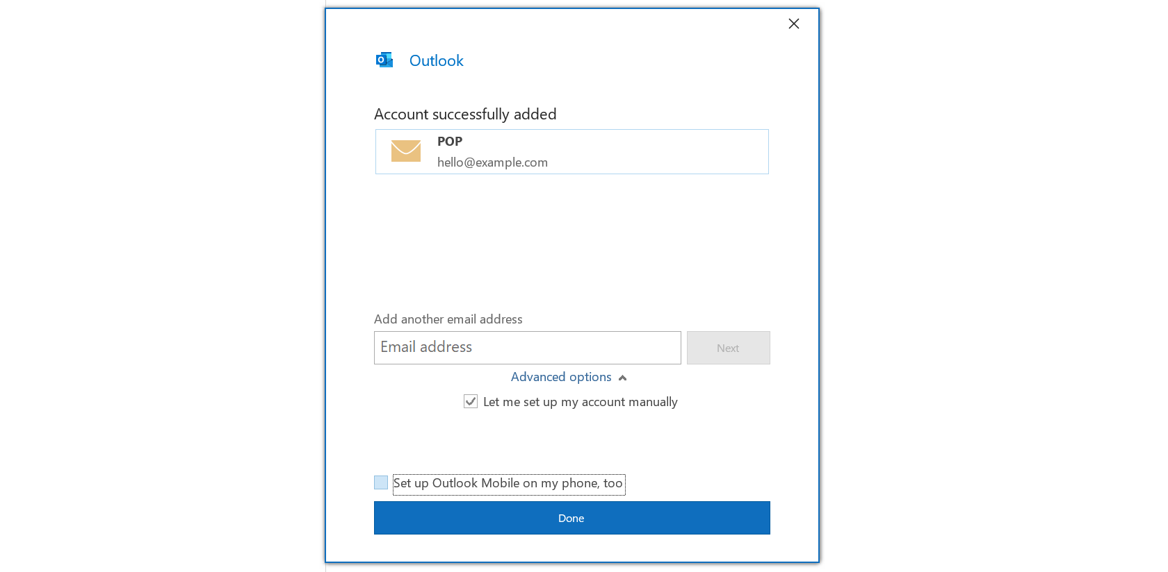 outlook pop account setup complete