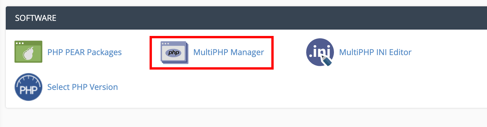 Using multiple PHP versions on one account on Ecenica Cloud Servers with cPanel WHM 4 MultiPHP button in cPanel