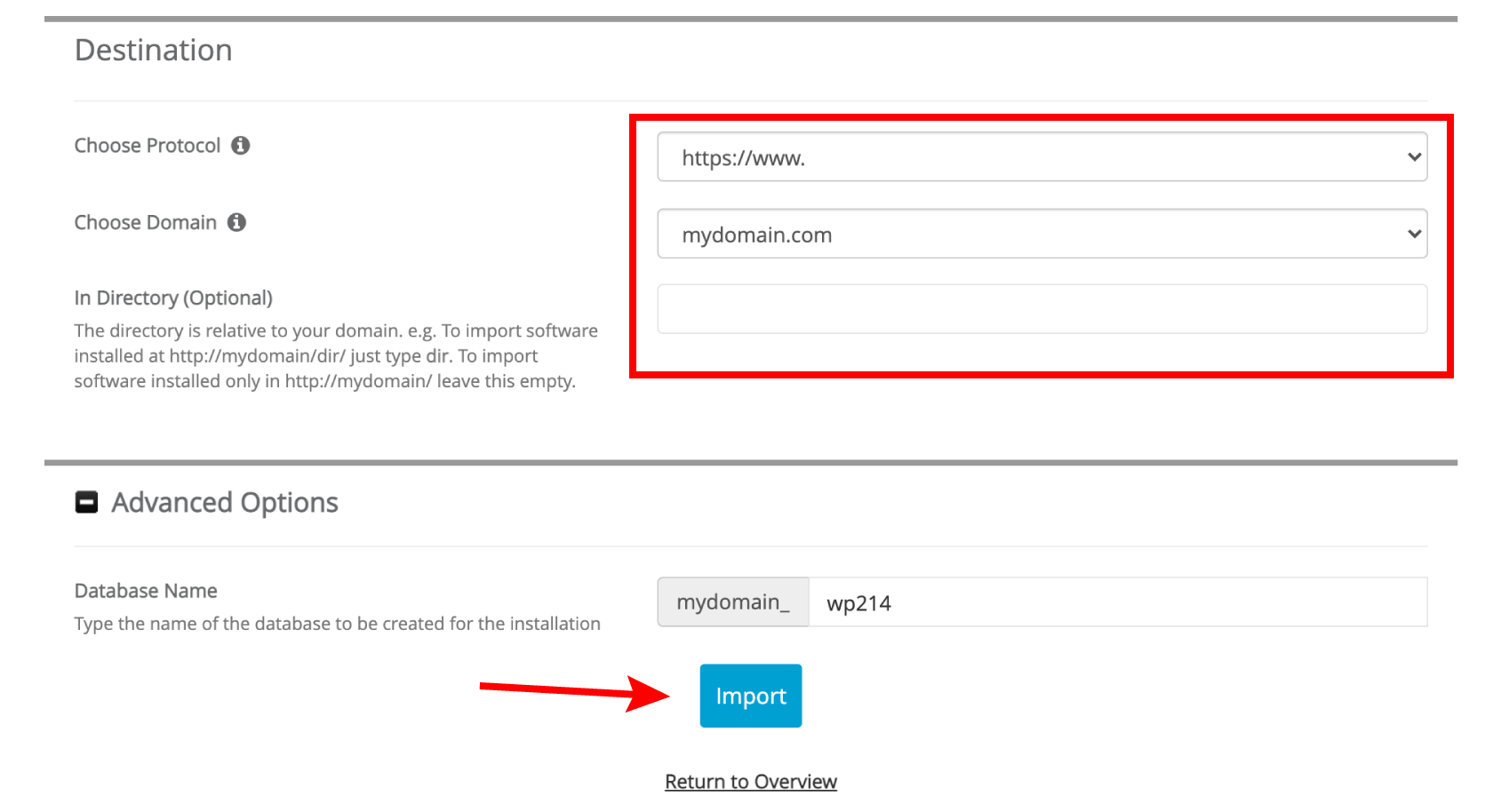 wordpress import remote server new domain details
