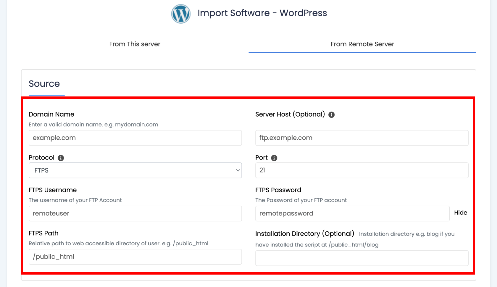 wordpress import remote server