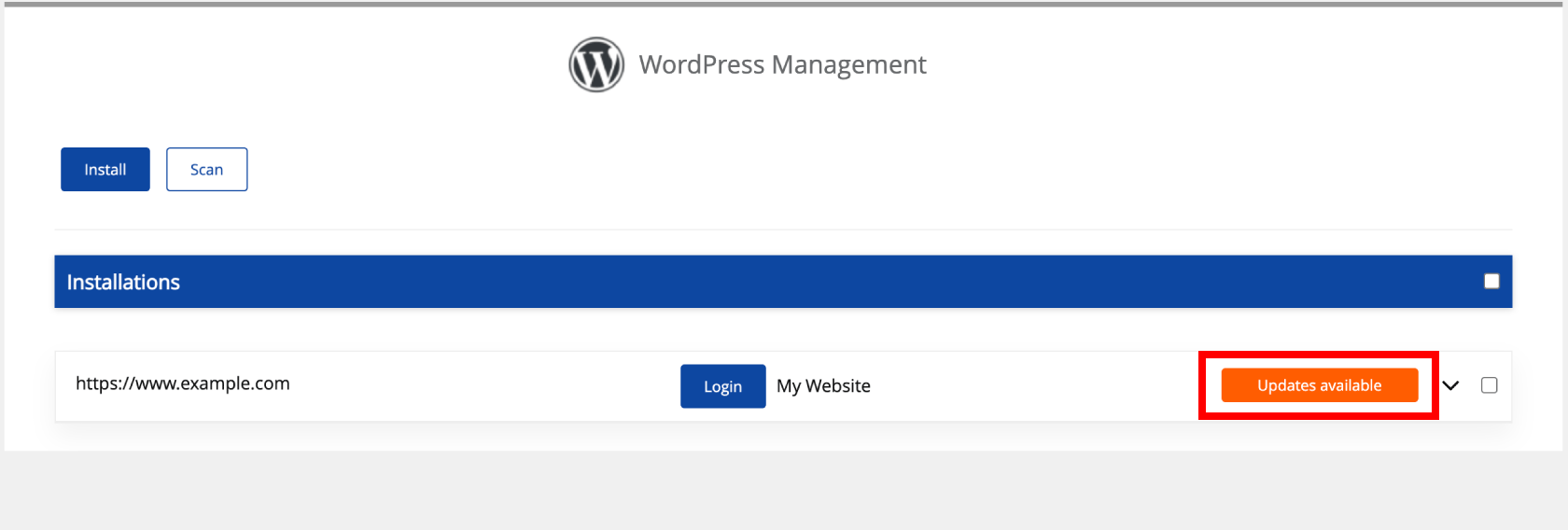 Upgrade WordPress via WordPress Manager 5 wordpress mananger updates button