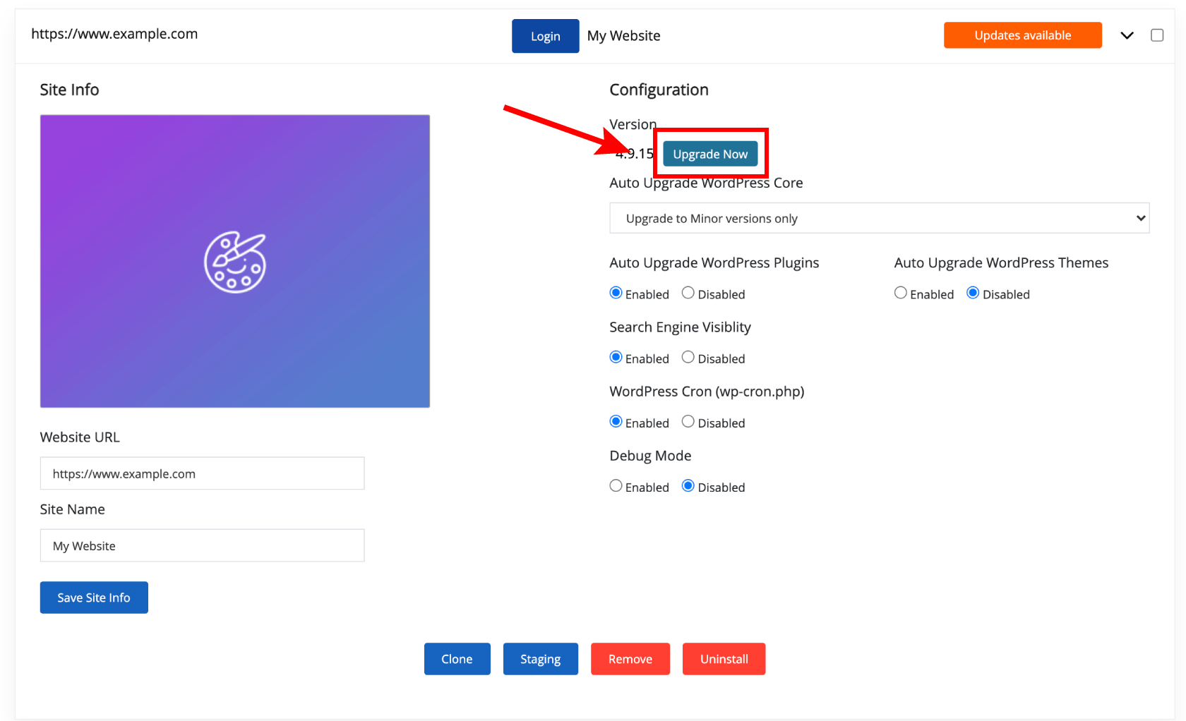 Upgrade WordPress via WordPress Manager 6 wordpress mananger upgrade now button