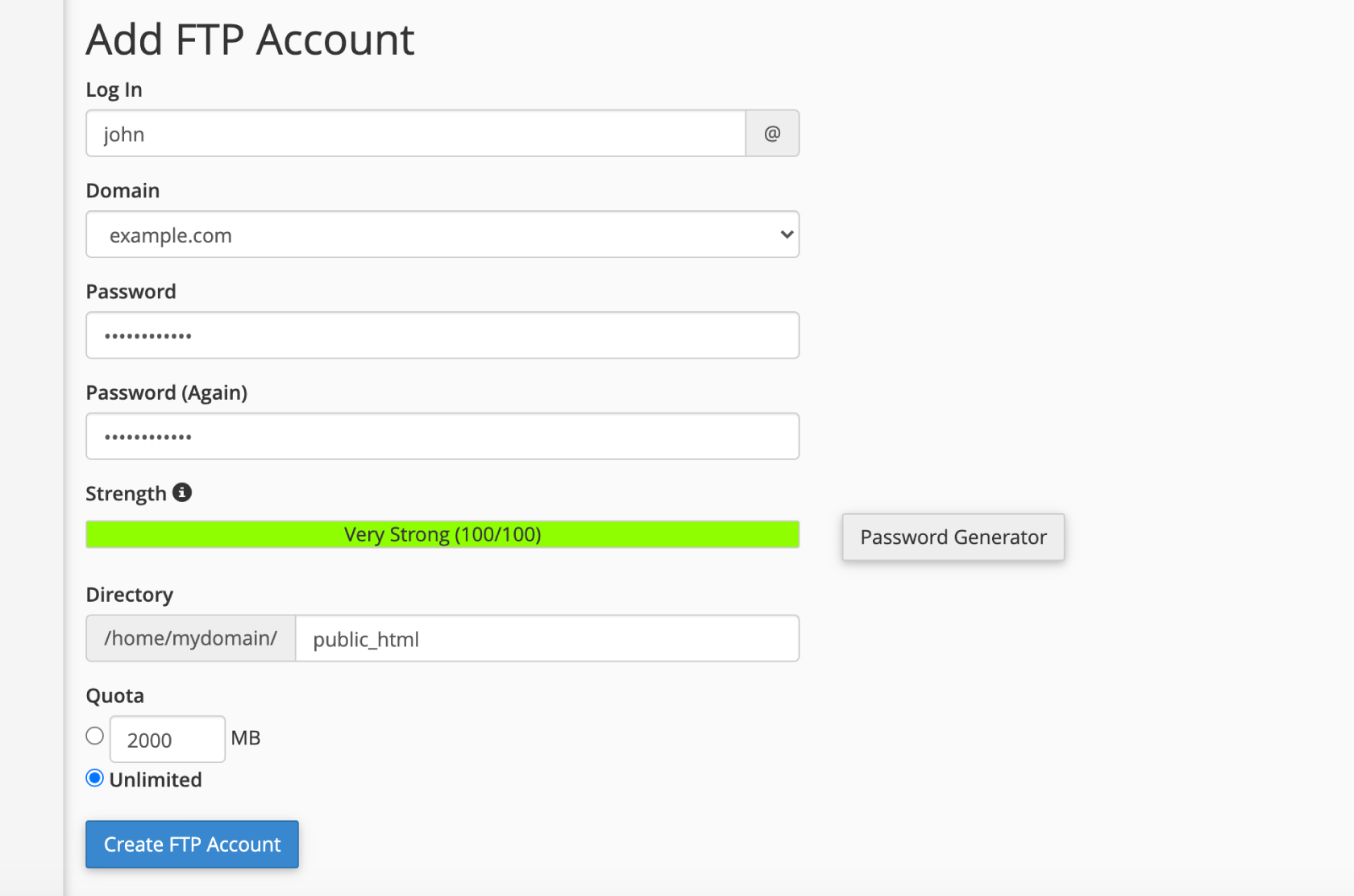 Add a FTP user with login, password and directory access.