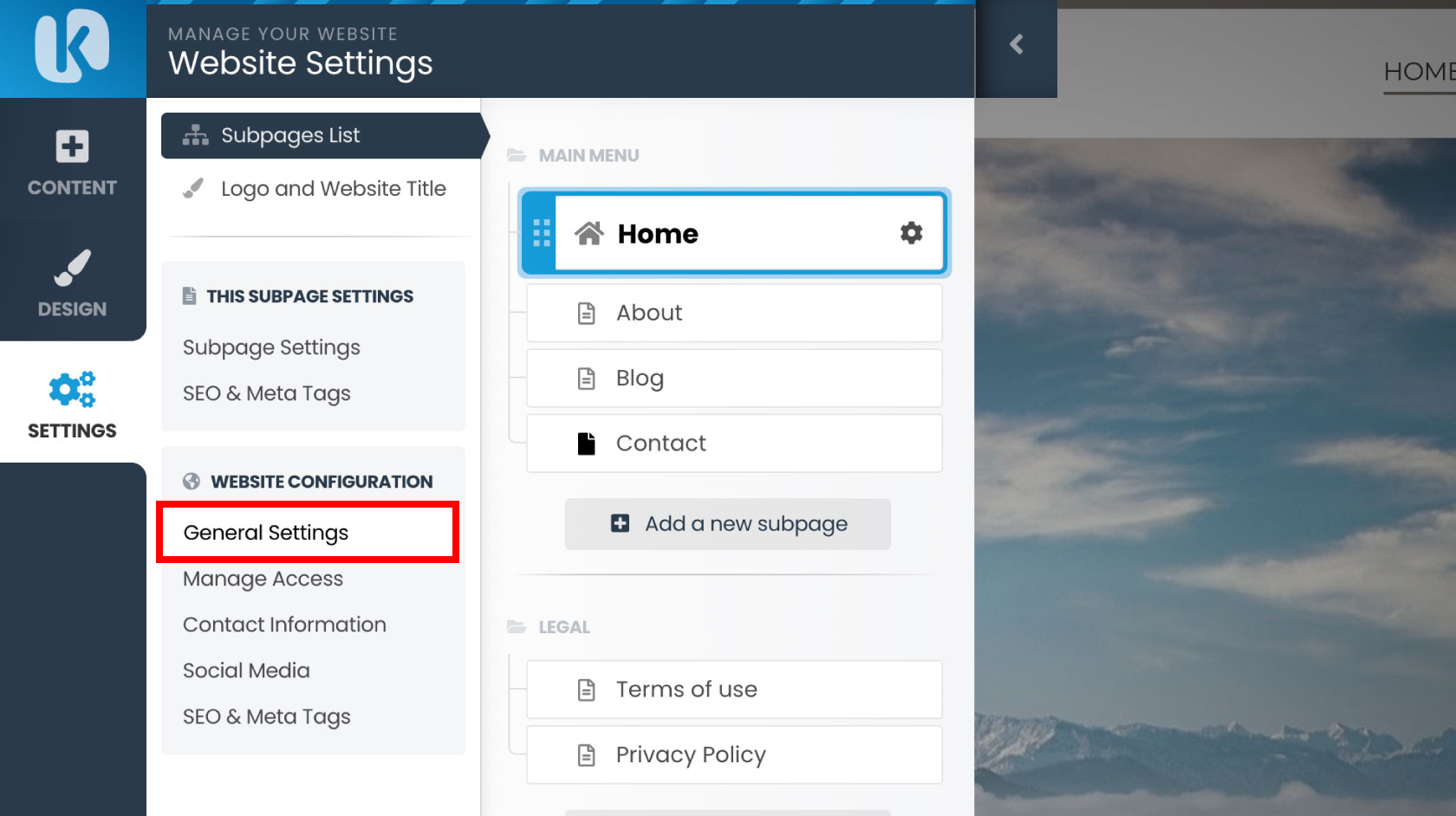 Hiding your website in Kopage 5 website builder settings general