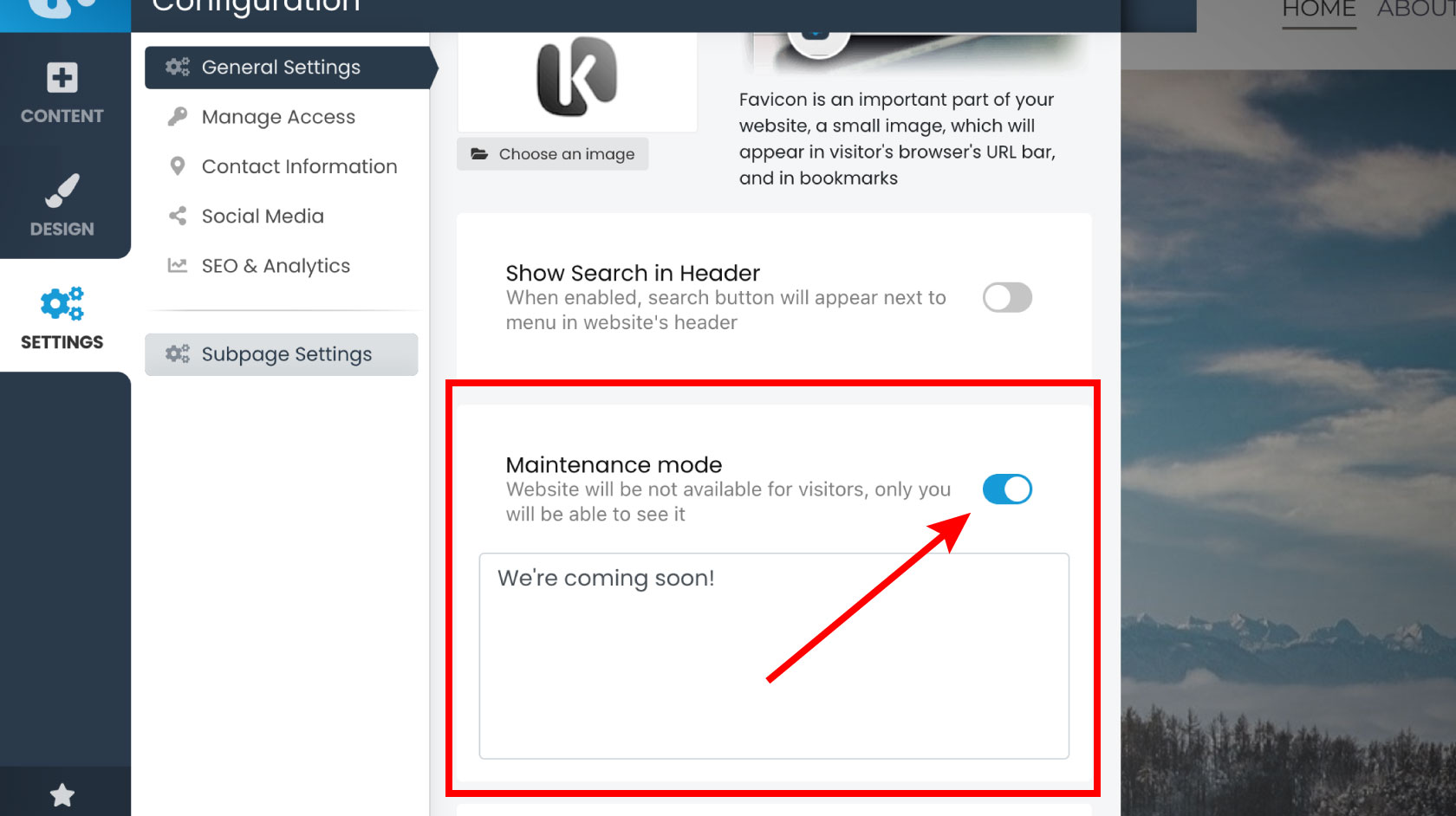 Hiding your website in Kopage 6 website builder settings maintenance mode