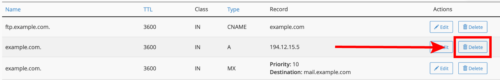 Delete DNS A record in cPanel