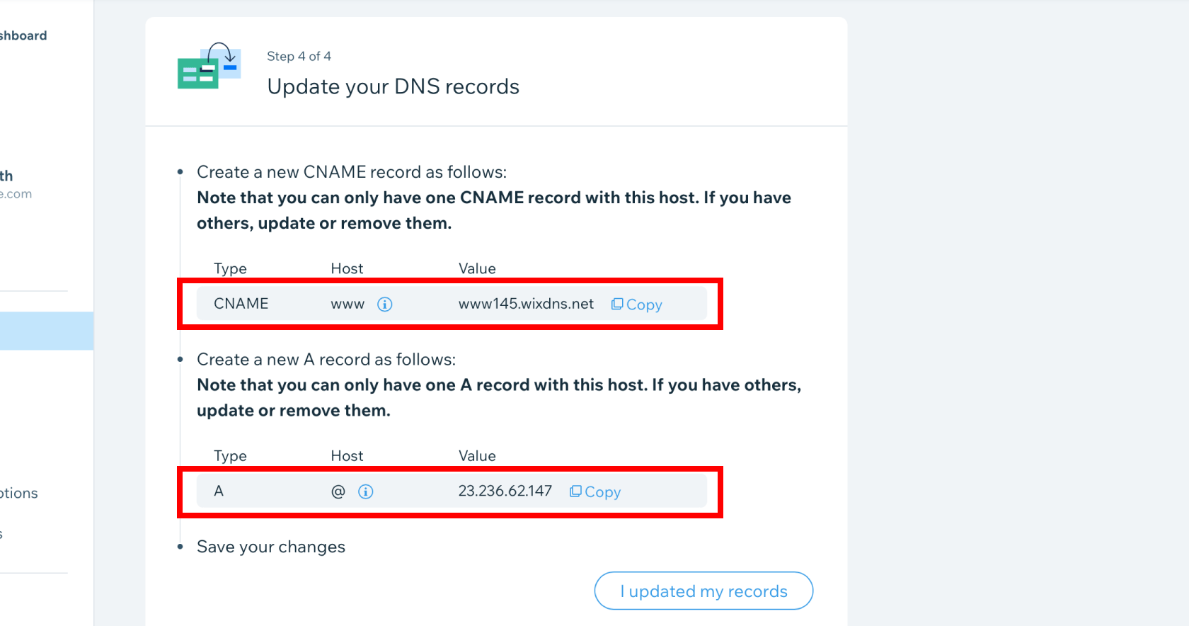 Connecting a Domain to Wix Using Pointing 8 Connect Ecenica Domain to Wix - DNS A and CNAME records
