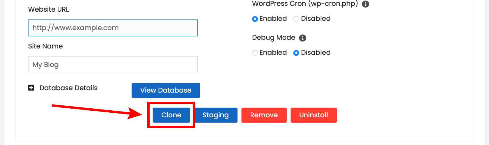 Click Clone on the WordPress website you want to copy