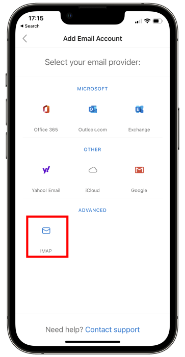 Set up Ecenica Email in Outlook for iOS mobile app 7 outlook ios tap imap