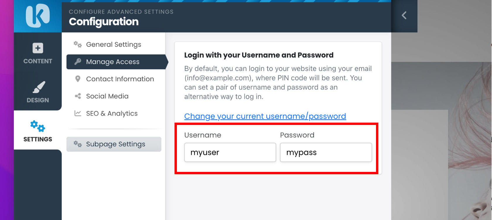 Setup a Username and Password to Sign in to Kopage Admin 7 Kopage set username and password