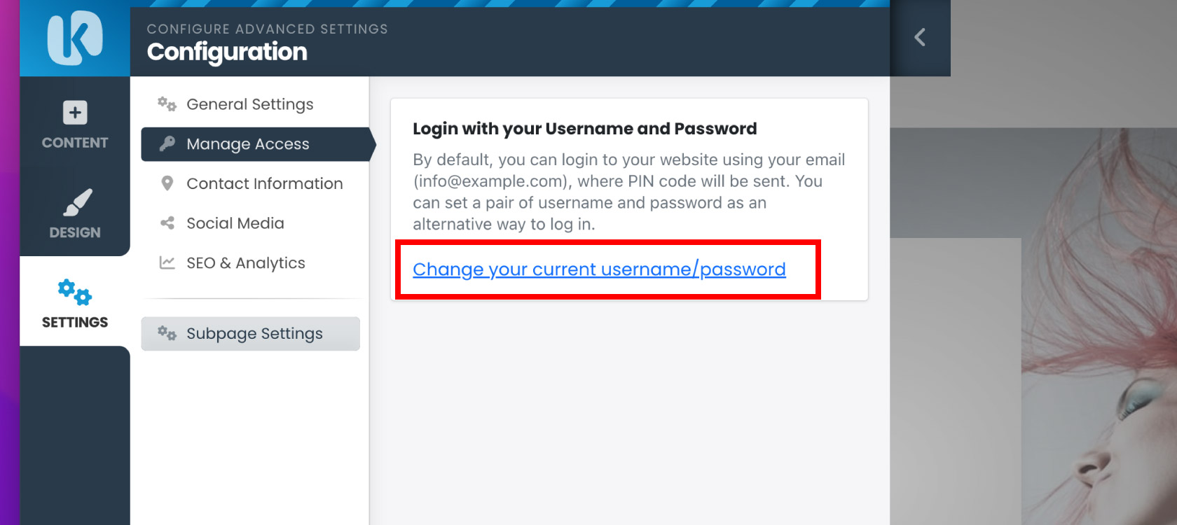 Setup a Username and Password to Sign in to Kopage Admin 6 Kopage change username password