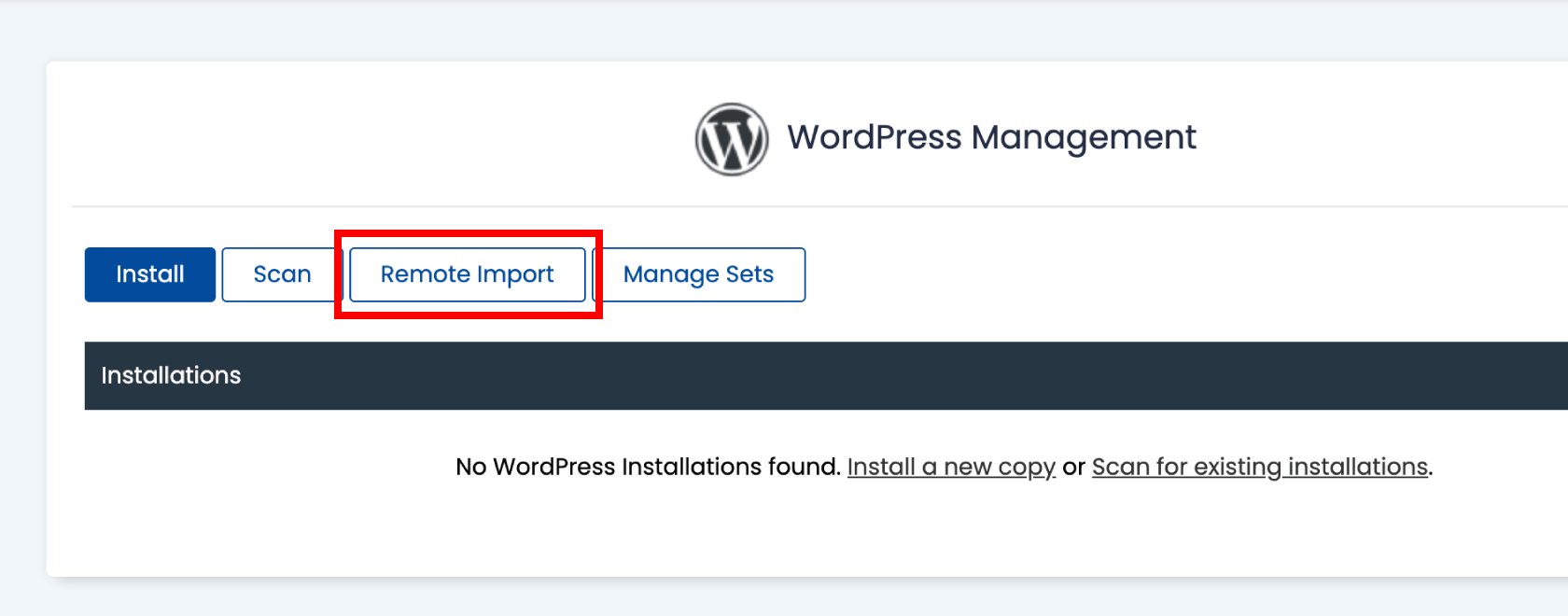 WordPress Manager Remote Import button