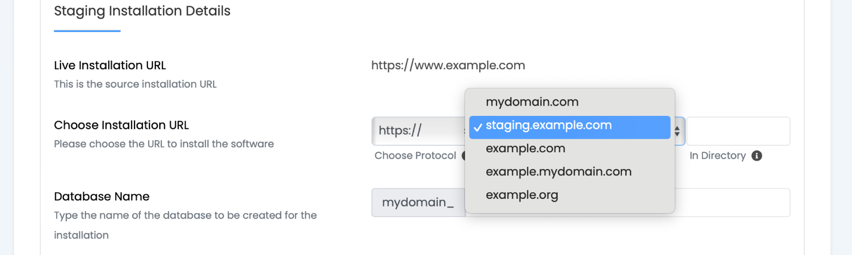 Select the WordPress staging domain from the drop down