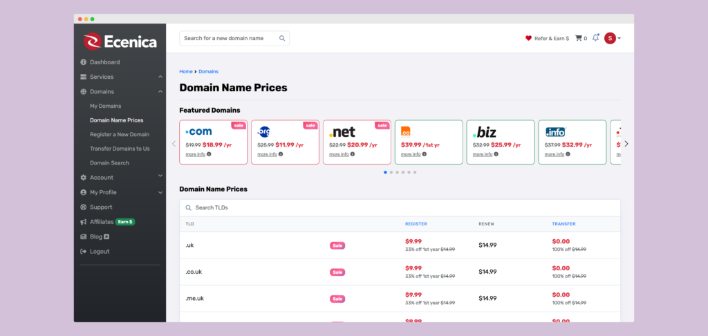 ecenica domain prices