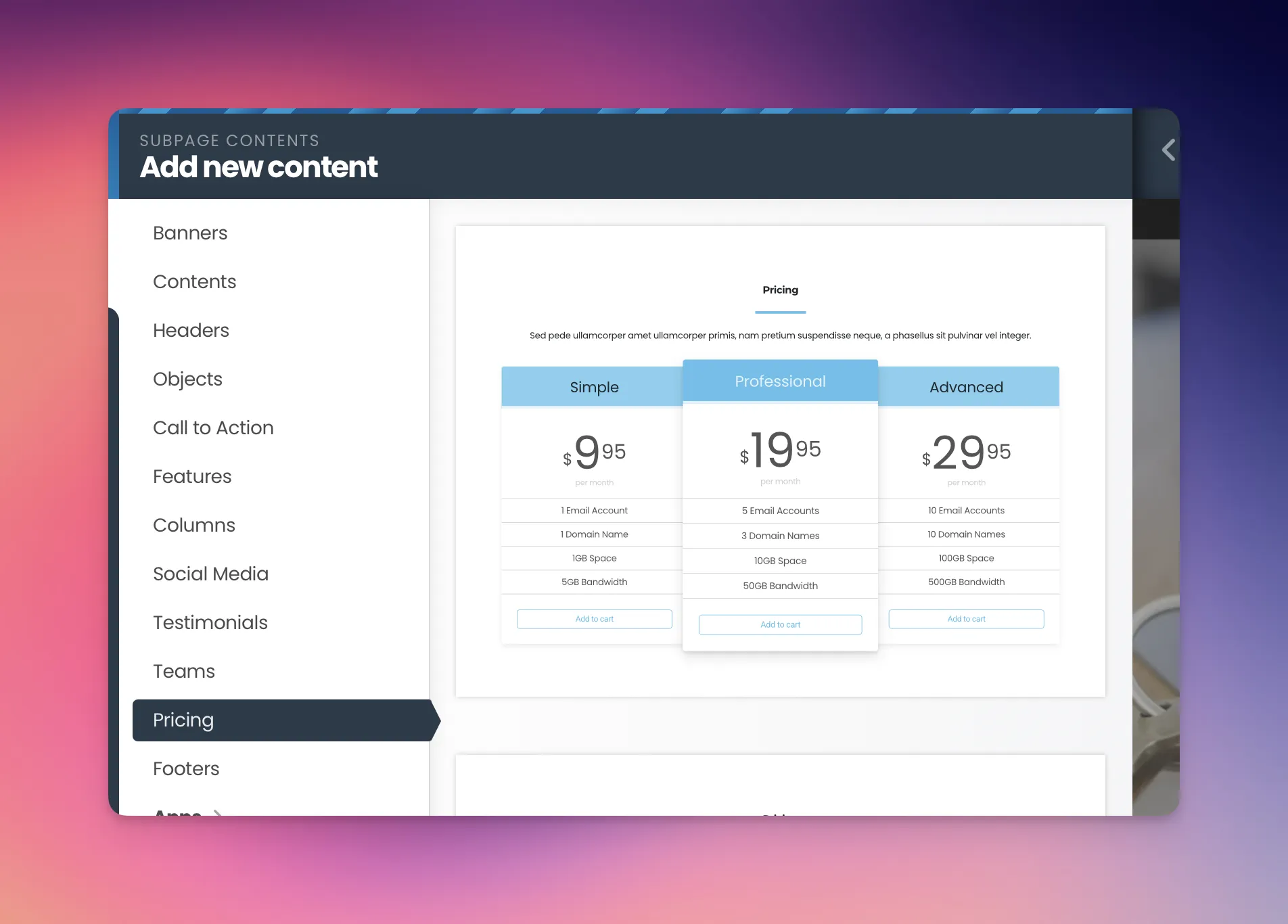Add a pricing table in Ecenica Website Builder
