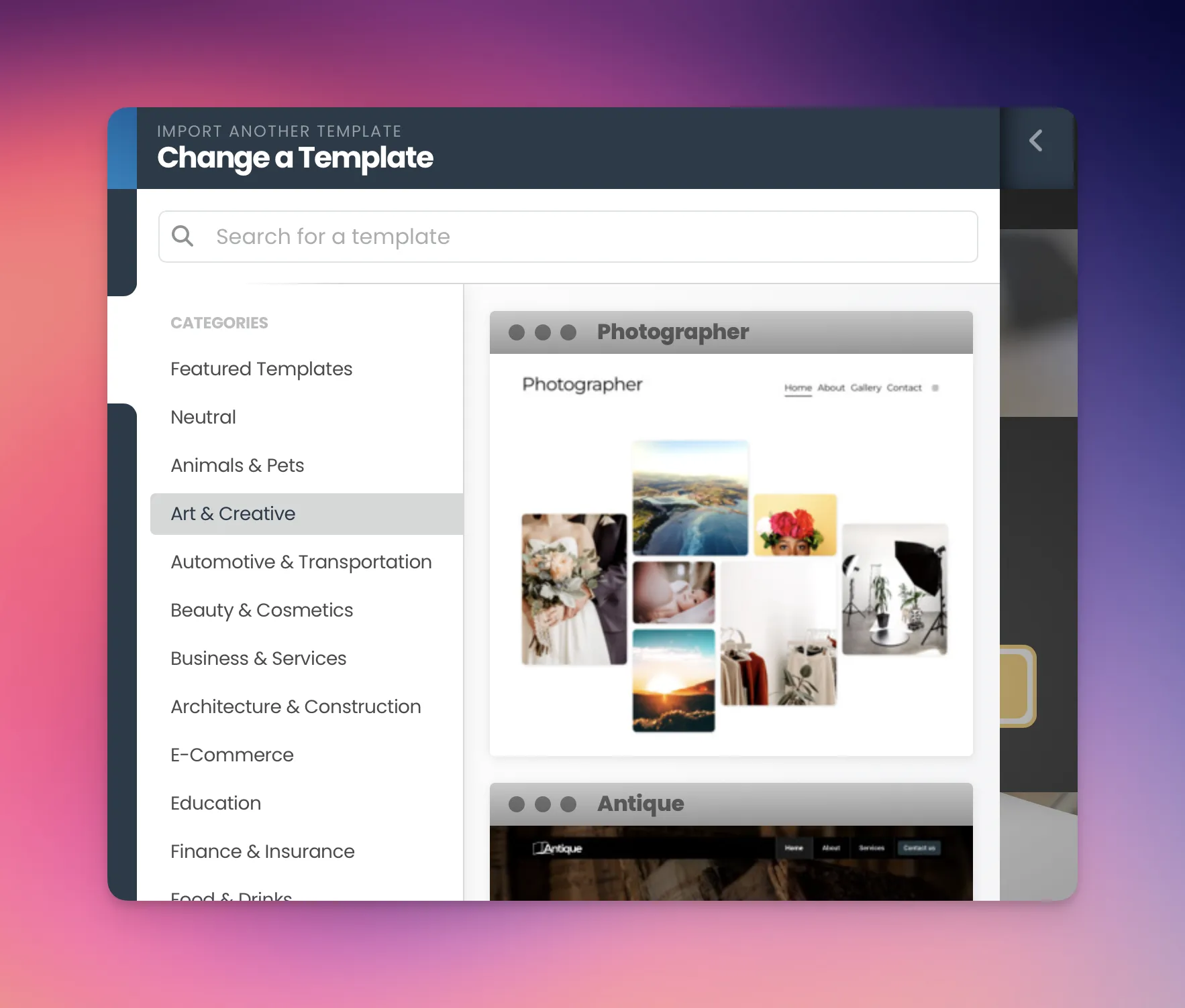 Change a template in Ecenica Website Builder