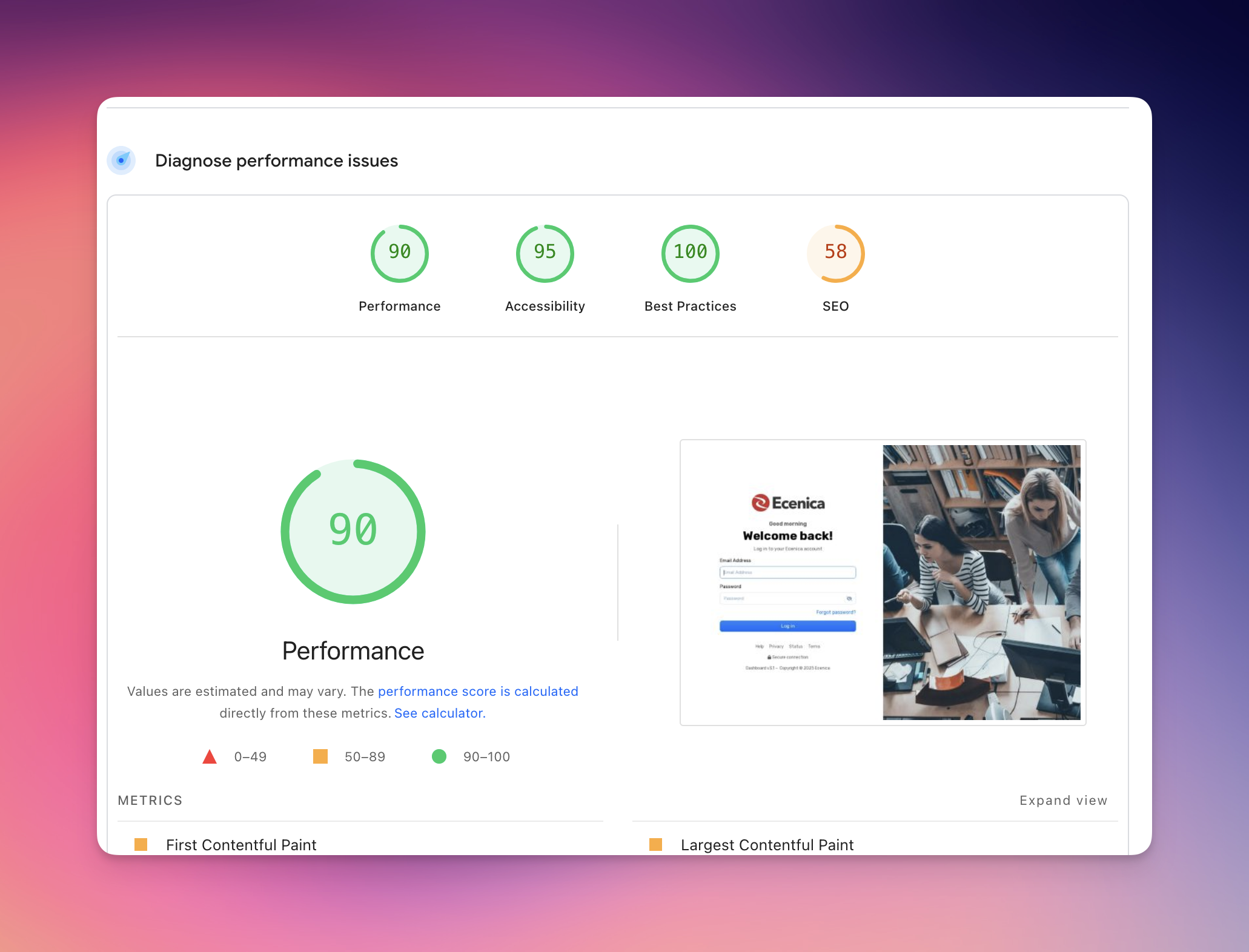 Google Page Speed Insights Ecenica Dashboard