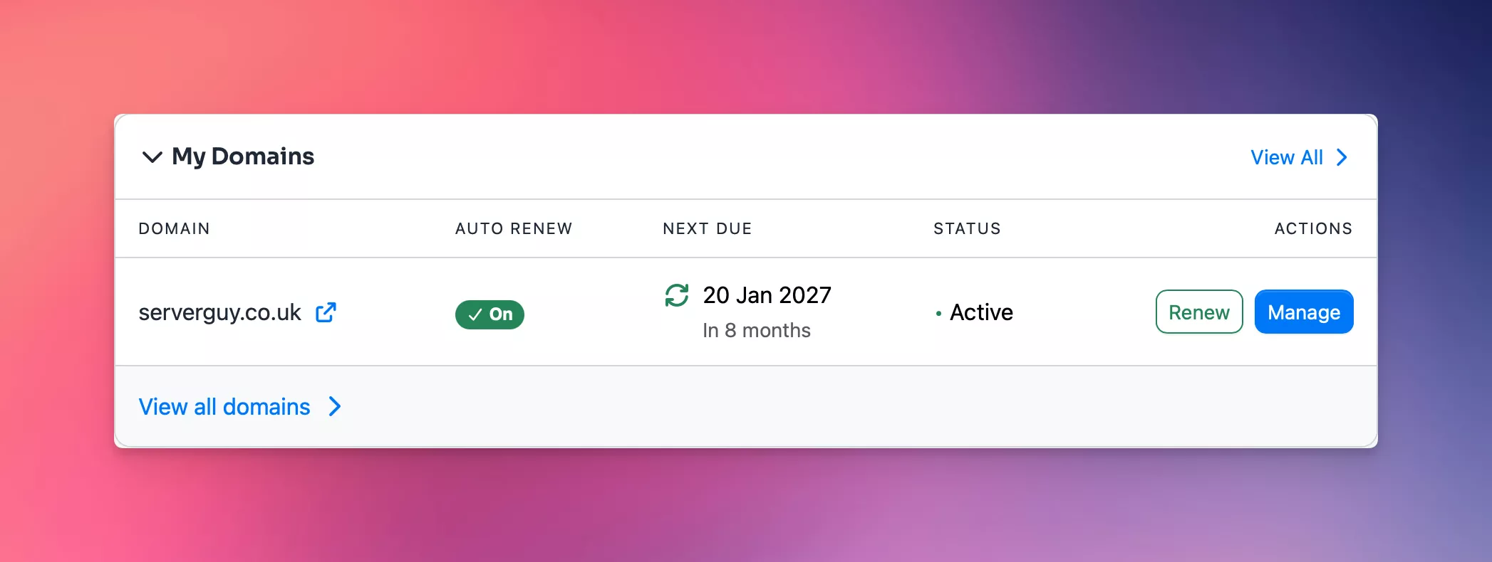 new domain summary panel on dashboard home